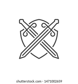 Crossed swords and shield vector concept outline icon or logo