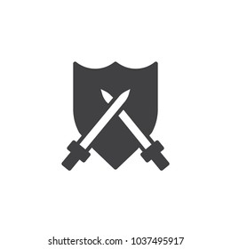 Crossed swords and shield vector icon. filled flat sign for mobile concept and web design. simple solid icon. Symbol, logo illustration. Pixel perfect vector graphics