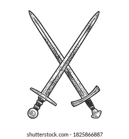 Crossed swords sketch engraving vector illustration. T-shirt apparel print design. Scratch board imitation. Black and white hand drawn image.
