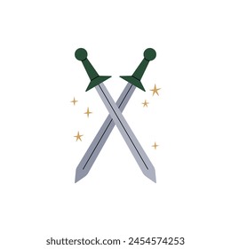 Crossed swords and stars. Vector flat illustration. Mystical fantasy clipart