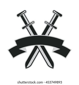 crossed swords with text ribbon flat abstract vector illustration isolated on white
