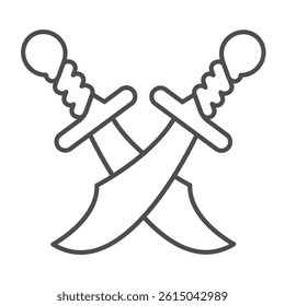 Crossed swords thin line icon, arabian desert concept. Vector graphics. Arabian warrior famous antique weapon sign on white background, outline style icon for mobile or web design