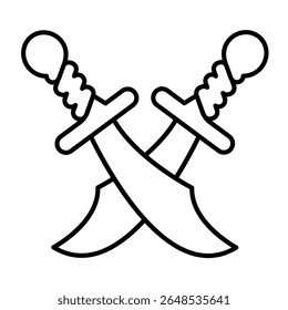 Espadas cruzadas icono de línea delgada, concepto de desierto árabe. Gráficos de Vector. Muestra de arma antigua famosa del guerrero árabe en el fondo blanco, estilo o diseño móvil