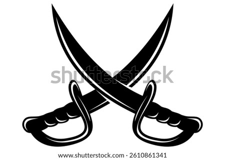 Crossed Swords Vector Illustration, Black Silhouette of Pirate Sabers and Medieval Duel Blades, Isolated on White Background, Weapon Symbol for Battle Icons