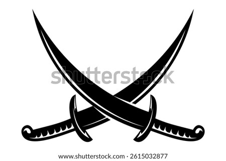 Crossed Swords Vector Illustration, Black Silhouette of Pirate Sabers and Medieval Duel Blades, Isolated on White Background, Weapon Symbol for Battle Icons