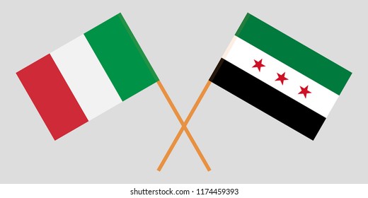 Crossed Syrian National Coalition and Italy flags. Official colors. Correct proportion. Vector illustration