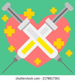 Crossed syringe, heart protection, heart rehabilitation treatment.flat concept design illustration Vector icon isolated on background.