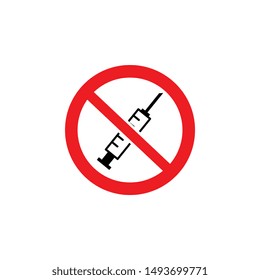A crossed syringe in a red circle, no drugs. Ban on drugs and injections. Isolated vector illustration of crossed out icons and syringe sign.