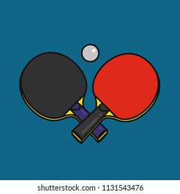 Crossed tabble tennis rackets with ball, ping pong emblem, outline cartoon style vector illustration on blue background