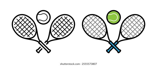 Crossed Tennis Racket and Ball Icon Set In Simple and Colored Outline Style