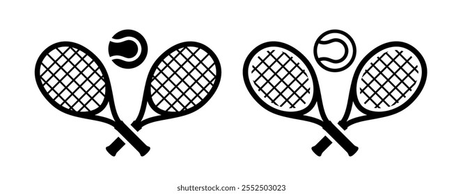 Iconos cruzados de la raqueta y de la pelota del tenis en estilo del glifo, dos variantes