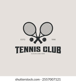 Crossed tennis rackets and ball logo vector vintage illustration design, sign and symbol