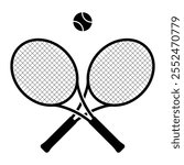 Crossed tennis rackets with ball vector icon. Symbol of racquet for court. Sport equipment for game, match, competition. Club of badminton. Black silhouette isolated on white background.