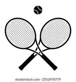 Crossed tennis rackets with ball vector icon. Symbol of racquet for court. Sport equipment for game, match, competition. Club of badminton. Black silhouette isolated on white background.