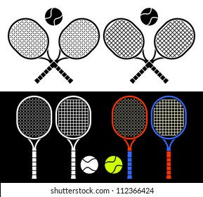 The crossed tennis rackets and balls form an emblem. Composition on a white background. Different tennis rackets on a black background.