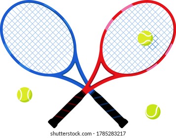 Crossed tennis rackets and tennis balls. Sports equipment isolated on white background. Concept of tennis championship. Illustration for cover, poster, tournament, competition. Vector illustration.