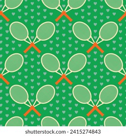 Crossed tennis rackets with bold orange grips green vintage blue hearts