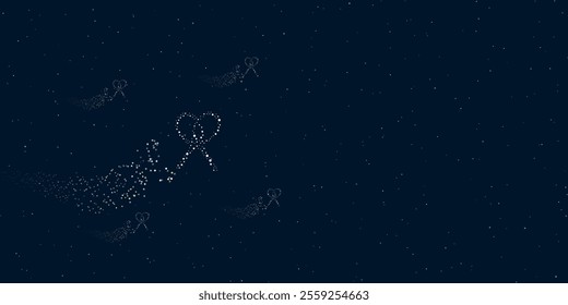 A crossed tennis rackets symbol filled with dots flies through the stars leaving a trail behind. There are four small symbols around. Vector illustration on dark blue background with stars