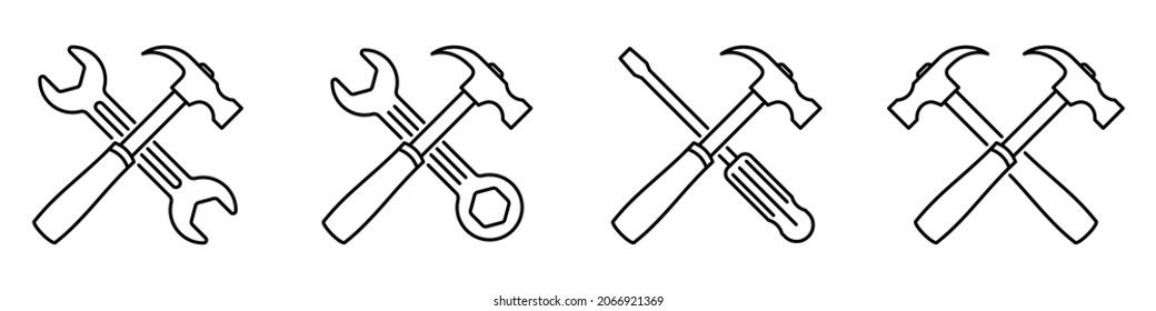 Crossed tool icons. Hammer and wrench. Hammer and screwdriver. Vector illustration. Repair tools icon