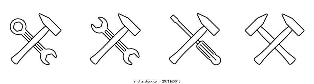Crossed tool icons. Hammer and wrench. Hammer and screwdriver. Vector illustration. Repair tools icon