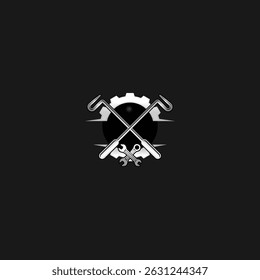 Crossed tools emblem against a dark background