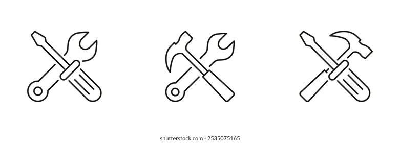 Crossed Tools Line Icon Set. Wrench, Hammer, and Screwdriver for Maintenance and Repair. Construction and Technical Service Outline Symbol Collection. Editable Stroke. Isolated Vector Illustration.