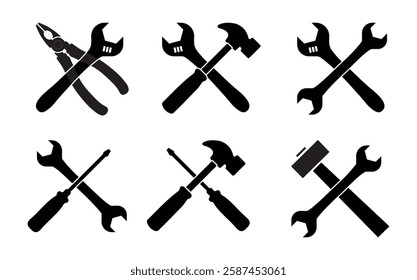 Crossed Tools Silhouette Icons – Wrench, Hammer, Screwdriver, Pliers – Vector Set