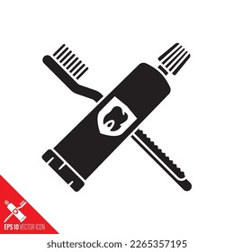 Crossed toothbrush and toothpaste tube vector glyph icon. Dental hygiene symbol.