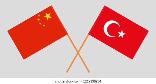 The crossed Turkey and China  flags. Official colors. Vector