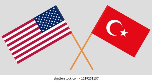The crossed Turkey and USA flags. Official colors. Vector illustration