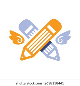 Crossed two color pencils with wings. Pictogram. Iconic illustration for banner, ppt, poster, and art work.