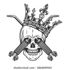Crossed two gas welding torch with welder king skull with crown from new construction site. Repair tools in vintage monochrome style isolated vector illustration
