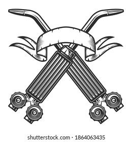 Zwei Gasschweißtaschenlampen aus der neuen Baustelle überquert. Reparaturwerkzeuge mit Farbband im Vintage-Monochrom-Stil, einzelne Vektorgrafik