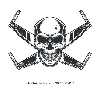 Crossed two handed saws and skull in vintage style on white background isolated vector illustration