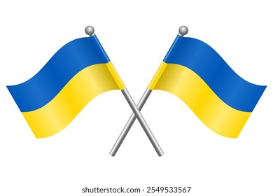 Crossed Ukraine Flags Icon. Flat Solid Color Vector Illustration with Mini Flags on Poles, Isolated on White Background, Editable and Scalable EPS File for Graphic Design Elements