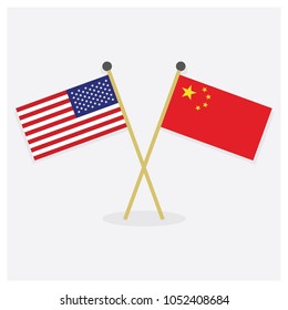 Crossed United States of America flag and Republic of China flag icons with shadow on off white background