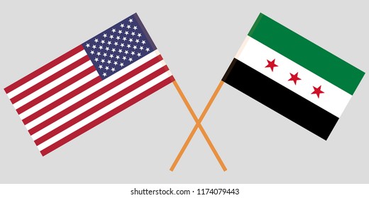 Crossed USA and Syrian National Coalition flags. Official colors. Correct proportion. Vector illustration