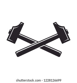 Crossed vintage hammers icon. Blacksmith tools. Vector illustration, isolated on white background. Simple shape for design logo, emblem, symbol, sign, badge, label, stamp.