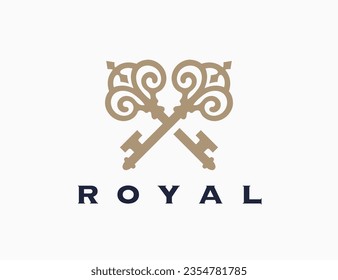 Crossed vintage keys icon. Luxury real estate agency logo mark design. Royal property realtor emblem. Vector illustration.