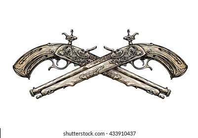 Crossed Vintage Pistols. Hand Drawn Sketch Ancient Weapon. Duel. Musket Vector Illustration