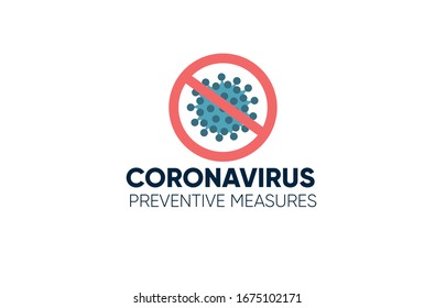 Crossed virus. CoV preventive measures inscription. Awareness campaign. Flat vector illustration.