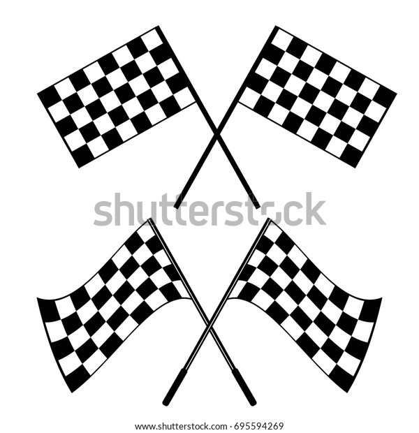 Crossed waving black and white\
checkered flags logo conceptual of motor sport, isolated on\
white