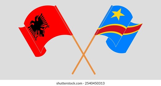 Crossed and waving flags of Albania and Democratic Republic of the Congo. Vector illustration.
