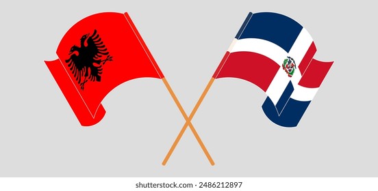 Crossed and waving flags of Albania and Dominican Republic. Vector illustration
