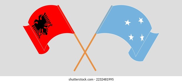 Crossed and waving flags of Albania and Micronesia. Vector illustration
