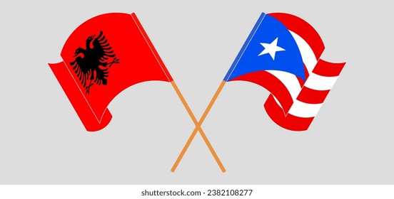 Crossed and waving flags of Albania and Puerto Rico. Vector illustration
