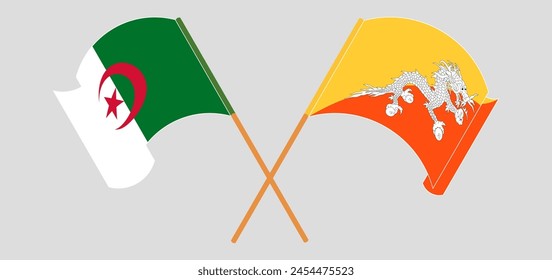 Crossed and waving flags of Algeria and Bhutan. Vector illustration
