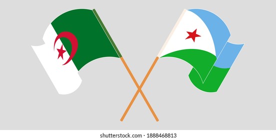 Crossed and waving flags of Algeria and Djibouti