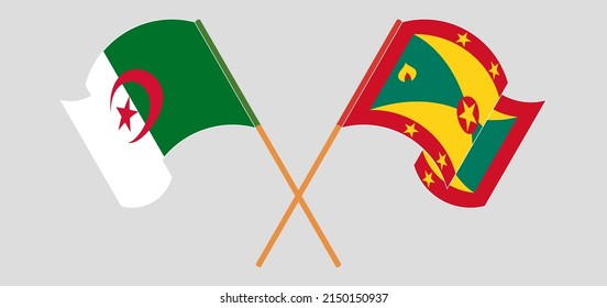 Crossed and waving flags of Algeria and Grenada. Vector illustration

