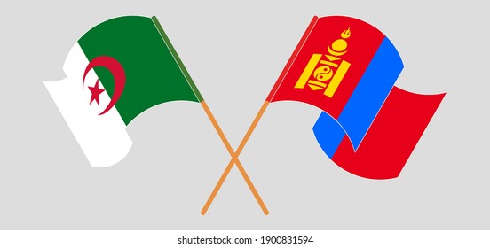 Crossed and waving flags of Algeria and Mongolia
